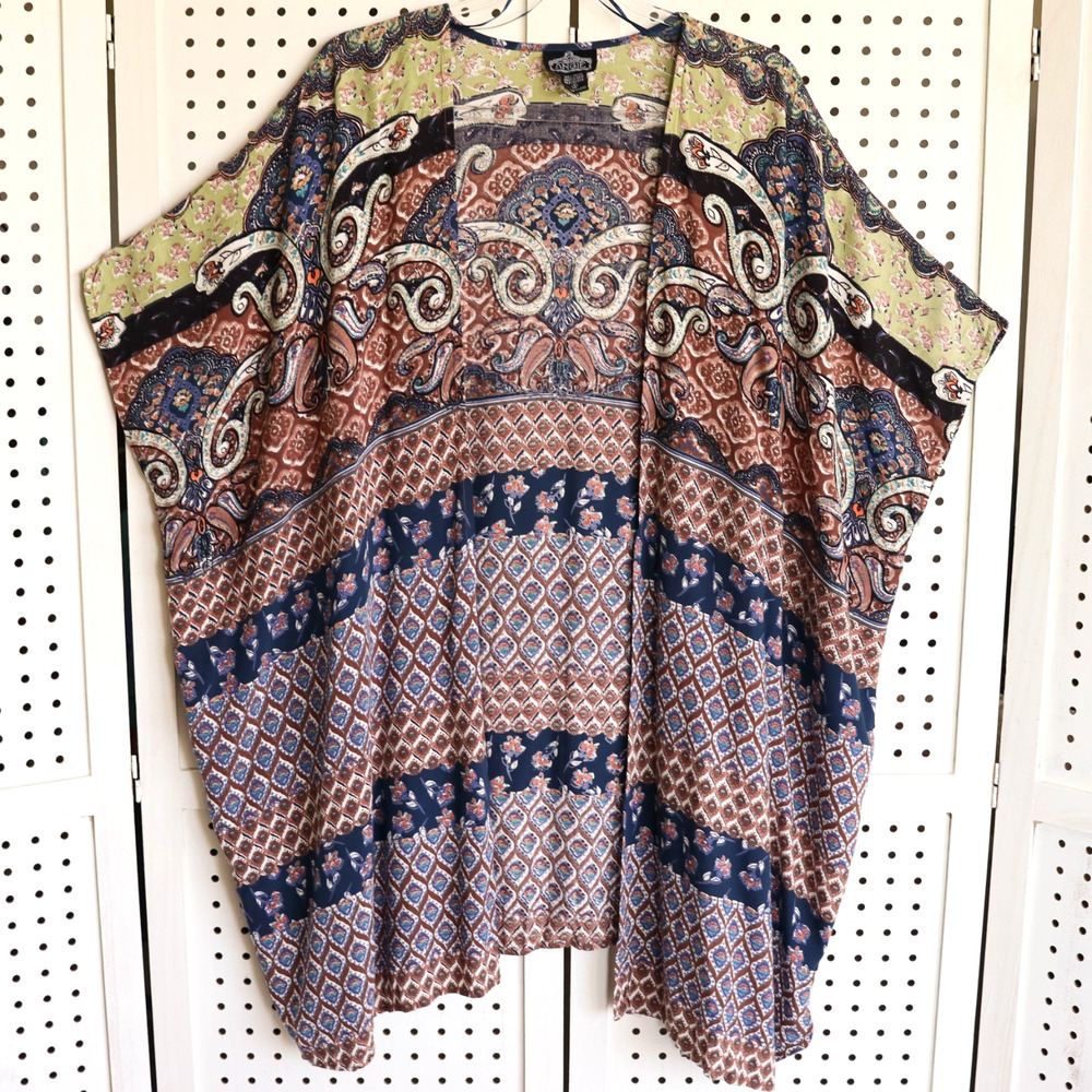 Angie Kimono Open Cardigan Womens SIZE S Blue Multicolor Boho Festival